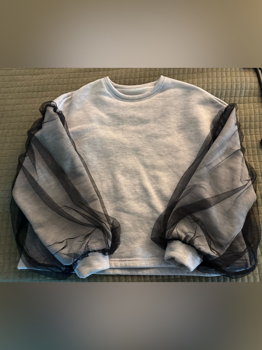 Gray Sweatshirt with Sheer Black Organza Balloon Sleeves